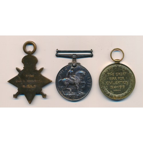 4 - First World War – Arthur Arrowsmith – 1914-1915 Star Trio awarded to 2/1385 GNR. A. ARROWSMITH. N. Z... 