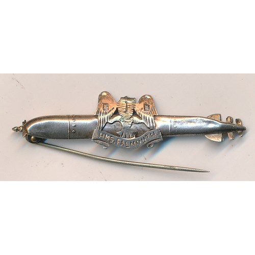 139 - First World War – hallmarked silver sweetheart brooch in the form of a Torpedo. ‘HMS Falmouth’. 6cm.