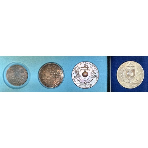 211 - New Zealand 1969 to 1976 Captain Cook medals (4) with boxed 1976 silver Cook Third Pacific Voyage bi... 