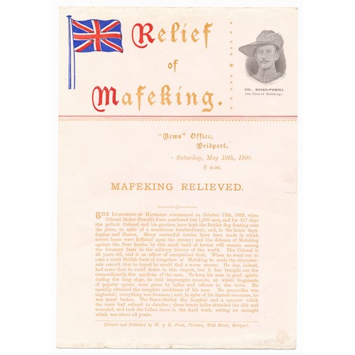 109 - Relief of Mafeking news flyer produced by W & E Frost Bridport (16cm x 23cm) with Union Jack and Col... 