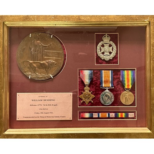 10 - First World War – William Hemming – First World War framed death plaque for William Hemming, Rifelma... 