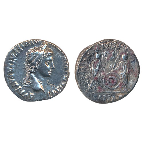 383 - Augustus Ar. denarius, 27 BC-14 AD. Obverse: CAESAR AVGVSTVS DIVI F PATER PATRIAE; laureate head rig... 