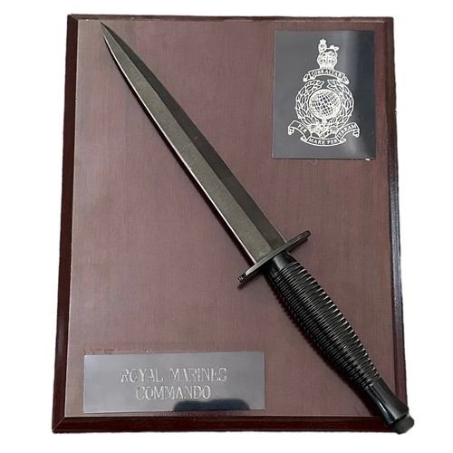 143 - Royal Marines Commando display board featuring a Fairbairn & Sykes style Commando fighting knife aff... 