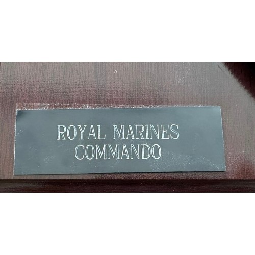 143 - Royal Marines Commando display board featuring a Fairbairn & Sykes style Commando fighting knife aff... 