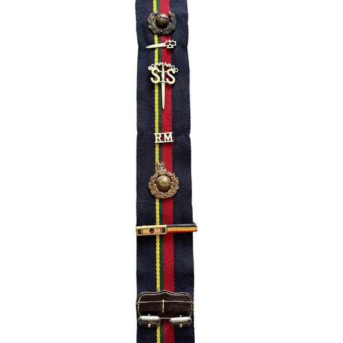 144 - Royal Marines Stable Belt with various affixed badges, to include; Commando SAS & Commando sword, pl... 