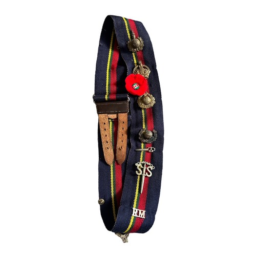 144 - Royal Marines Stable Belt with various affixed badges, to include; Commando SAS & Commando sword, pl... 