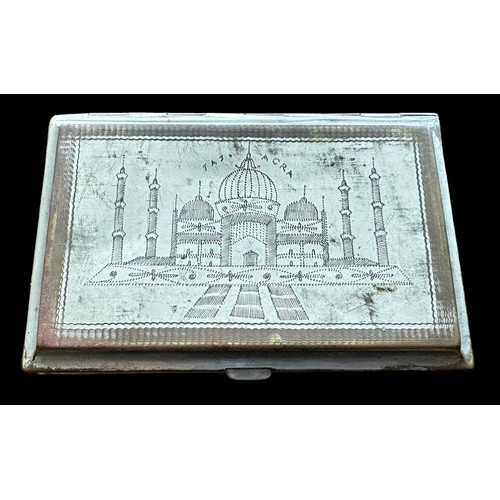 149 - Indian white metal cigarette case stipple engraved with a map of India, verso the Taj Mahal. 13cm x ... 