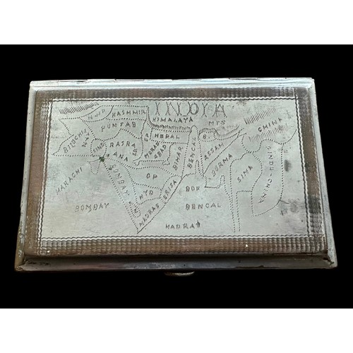 149 - Indian white metal cigarette case stipple engraved with a map of India, verso the Taj Mahal. 13cm x ... 