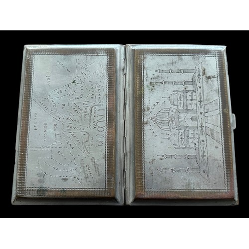 149 - Indian white metal cigarette case stipple engraved with a map of India, verso the Taj Mahal. 13cm x ... 