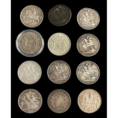 227 - Collection of silver crowns, in variable condition, including 1821 (with brooch pin), 1845, 1888, 18... 