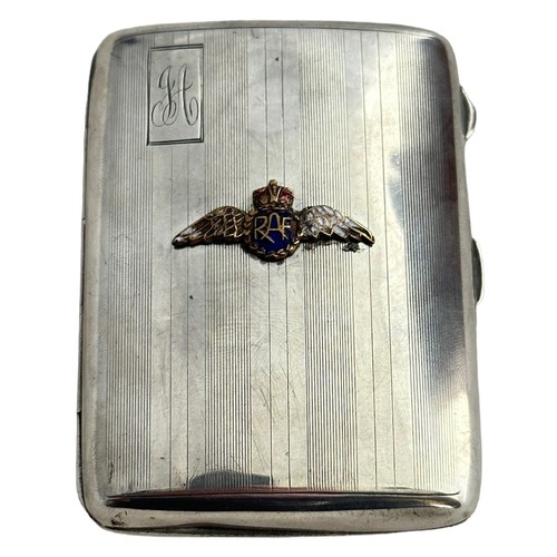 152 - RAF Royal Air Force Silver Cigarette Case with applied enamel RAF winged badge. Hallmarked to interi... 