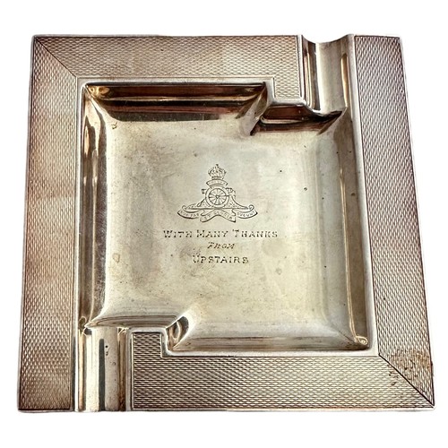 153 - Royal Artillery Art Deco style silver ashtray, commemoration gift engraved to centre with Royal Arti... 