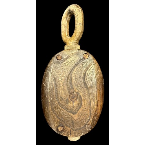 159 - Navy, a large ship’s wooden pulley, with cast metal loop to one end, loop marked SWL 1. SOTON J4 281... 