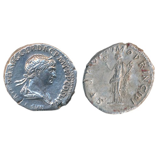 391 - Trajan (AD 98-117) AR Denarius AD 108. Obverse IMP TRAINO AVG GER DAC PM TR P COS  VI PP,  laureate ... 