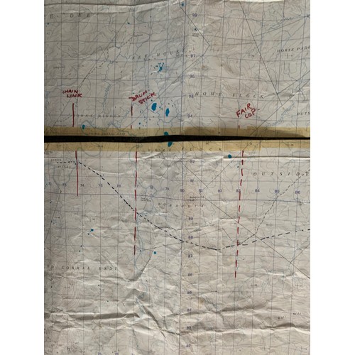 124 - Falklands War very large operations contour map, with few annotated notes, folded, rolled and taped ... 