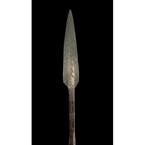 201 - Long Iron head Spear, likely African, with flat angular long leaf spear head, bound shaft (binding l... 