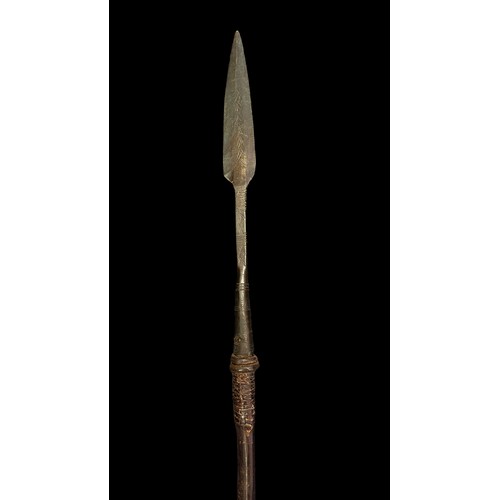 201 - Long Iron head Spear, likely African, with flat angular long leaf spear head, bound shaft (binding l... 