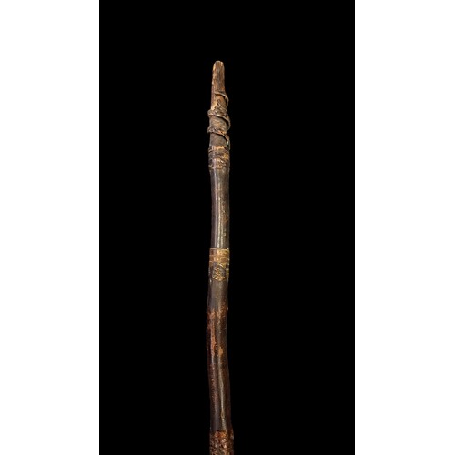 201 - Long Iron head Spear, likely African, with flat angular long leaf spear head, bound shaft (binding l... 