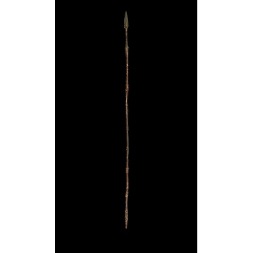 201 - Long Iron head Spear, likely African, with flat angular long leaf spear head, bound shaft (binding l... 