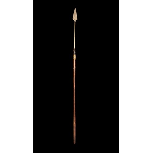 200 - African short Spear, arrowhead shaped spear head, wooden shaft with upper grip. Flat head length 12c... 