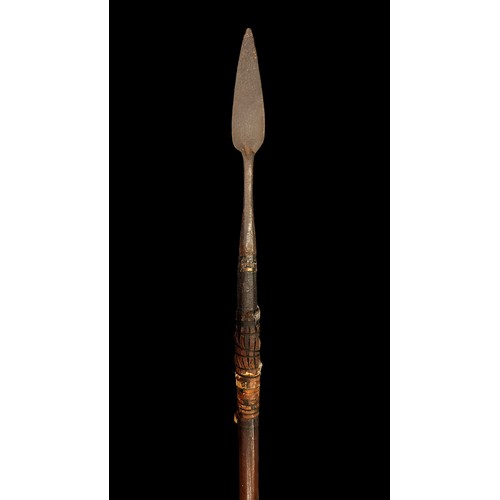 199 - Double ended spear, likely African, with two iron spear heads to either side, leather surround to sh... 