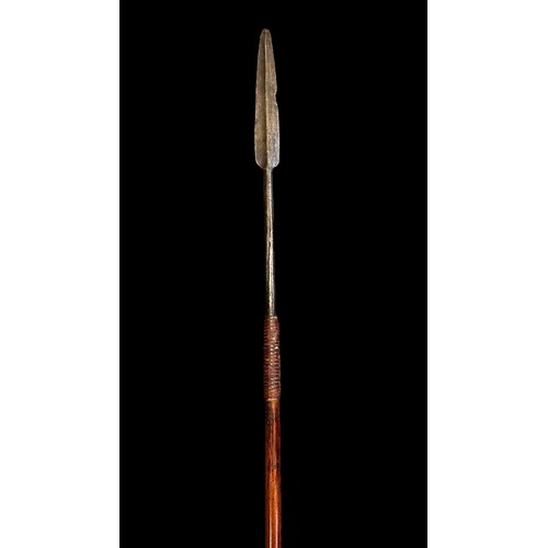 198A - Small Assegai throwing spear, long leaf spear head, thin wooden shaft to spear, binding to upper sha... 