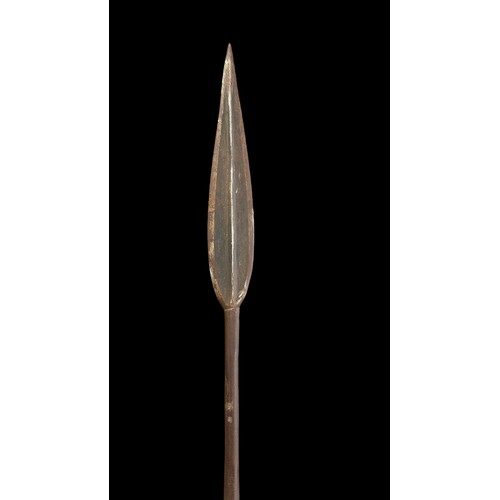 198 - Long iron headed spear, long leaf spear head with seam line down centre affixed to a bamboo shaft, c... 