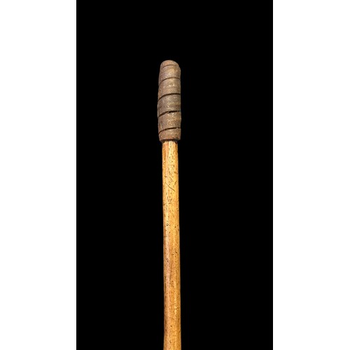 198 - Long iron headed spear, long leaf spear head with seam line down centre affixed to a bamboo shaft, c... 