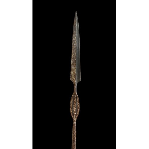 196 - Long double-sides spear, with long narrow iron Spear head with secondary oval section underneath, sm... 