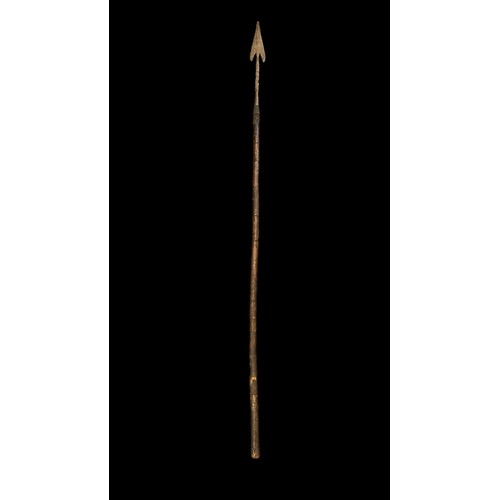 195A - Long Arrow head tipped shaped spear, three sets of barbed prongs to spear head neck with crosshatche... 