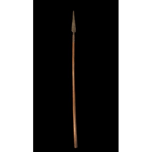 195 - Large long spear with very long leaf spear tip, brass studded leather handle grip, foliate decoratio... 