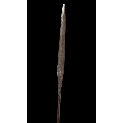 194A - African long spear with iron long leaf spear head, wooden shaft with carved design to base, twisted ... 