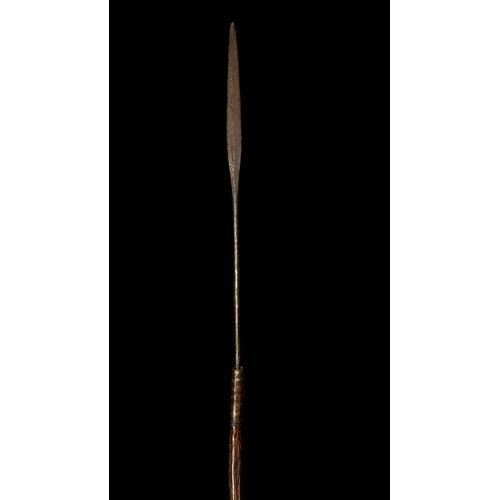 194A - African long spear with iron long leaf spear head, wooden shaft with carved design to base, twisted ... 