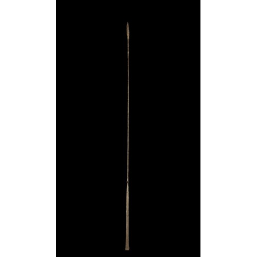 193A - African all-iron forged long lion hunting spear, long leaf shaped tip, ribbed decoration at varying ... 