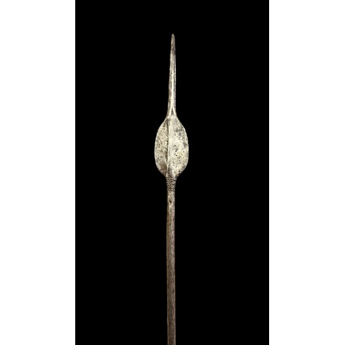 192A - African spear, small shield shaped blade, twisted metal grip, wooden shaft with metal figural head t... 