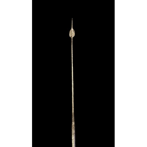 192A - African spear, small shield shaped blade, twisted metal grip, wooden shaft with metal figural head t... 