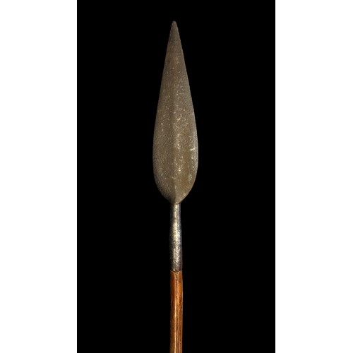 201A - Large leaf shaped head long Spear, with flat iron leaf shaped spear head, wooden shaft and twisted m... 