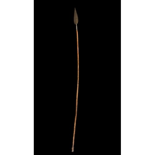 201A - Large leaf shaped head long Spear, with flat iron leaf shaped spear head, wooden shaft and twisted m... 