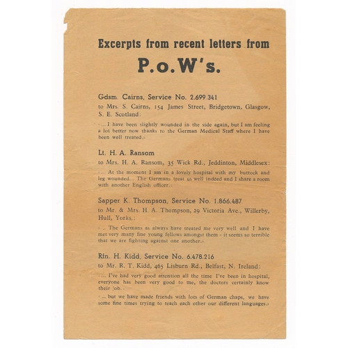 183A - ‘Excerpts from recent letters from P.o.W’s.’ Second World War German airborne Propaganda leaflet. Do... 