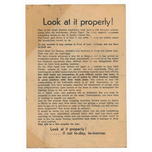 186 - 'Look at it properly!' Second World War German airborne Propaganda leaflet, Battle of the Bulge Tank... 