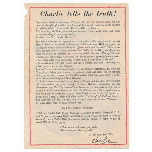 188 - 'Meet Charlie The Gunner' Second World War German airborne Propaganda leaflet. Double sided leaflet ... 