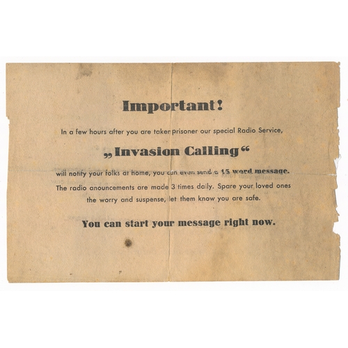 190A - 'Invasion Calling' Second World War German Airborne Propaganda Leaflet. Two-sided leaflet, front rea... 