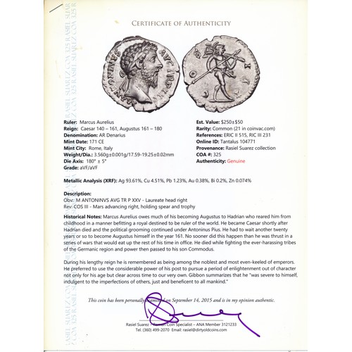 392 - Marcus Aurelius (AD 161-180) AR Denarius. Obverse: M ANTONINVS AVG TR P XXV, laureate head right. Re... 