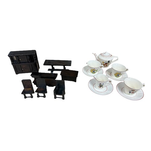 195 - Doll's house dark wood furniture items (8) and Walt Disney Mickey Mouse childrens' ceramic tea set b... 