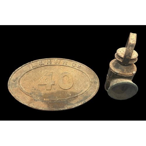 259 - L&NWR Company bridge plate No. 40 and lamp, good (surface corrosion). Contents unchecked for complet... 