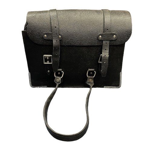 261 - Locomotive driver's bag, black leather satchel with two straps and buckles and metal corner protecto... 