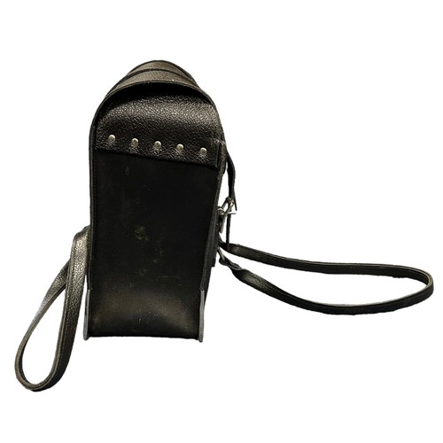 261 - Locomotive driver's bag, black leather satchel with two straps and buckles and metal corner protecto... 