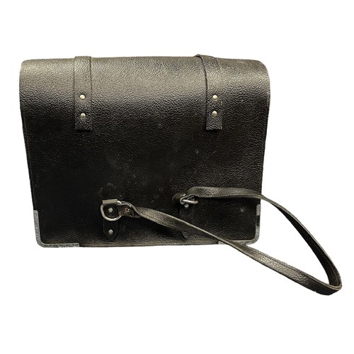 261 - Locomotive driver's bag, black leather satchel with two straps and buckles and metal corner protecto... 