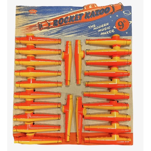 197 - 1950s Selcol Rocket Kazoo trade box including cards (2) with twenty four Kazoos banded to each. Cont... 