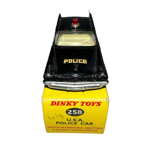 85 - Dinky Cadillac USA Police Car No. 258, excellent in good plus box (some minor creasing), black with ... 